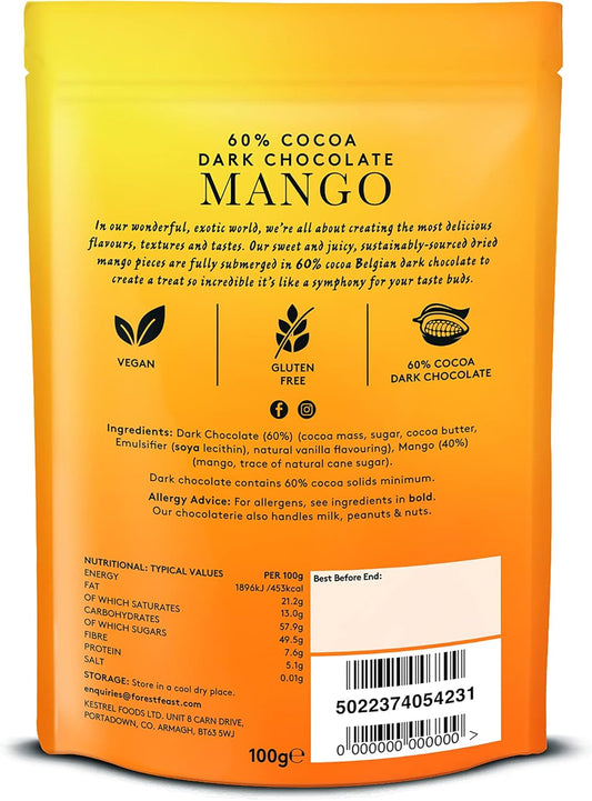 Forest Feast 60% Cocoa Dark Chocolate Mango 6 X 100G | Sweet Dried Mango Chocolate Covered Fruit Snack With 60% Belgian Dark Chocolate, Gluten Free & Vegan Friendly Snack