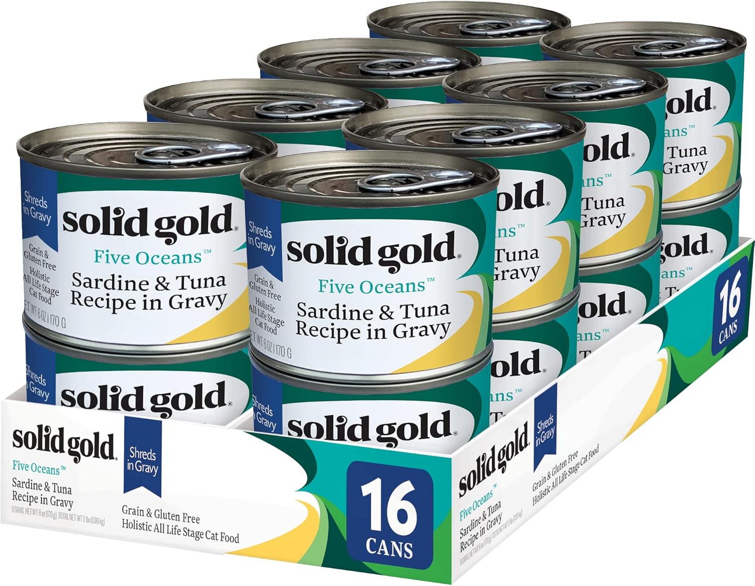 Solid Gold Wet Cat Food Shreds In Gravy - Canned Cat Food Made W/Real Tuna & Sardine - Five Oceans Grain Free 16Ct/6Oz Can