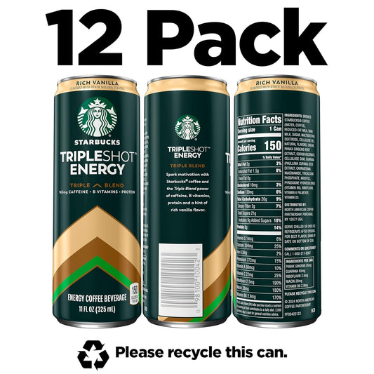 Starbucks Tripleshot Coffee Energy Drink, Rich Vanilla, 11 Fl Oz Cans (12 Pack), Triple Blend, 165Mg Caffeine, B Vitamins, Protein, Iced Coffee