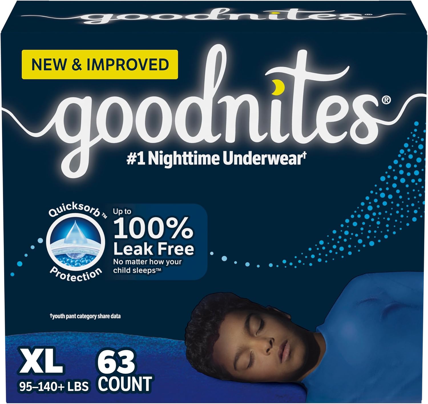 Goodnites Boys' Nighttime Bedwetting Underwear, Size Extra Large (95-140+ Lbs), 63 Ct (3 Packs Of 21), Packaging May Vary