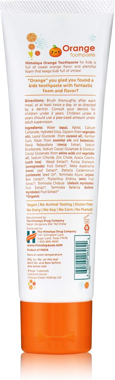 Himalaya Botanique Kids Toothpaste, Herbal, Orange Flavor, Fights Plaque, Fluoride Free, Gentle, No Artificial Flavors Or Colors, Sls Free, Gluten Free, Cruelty Free, Vegan, Foaming, 4 Oz, 4 Pack…