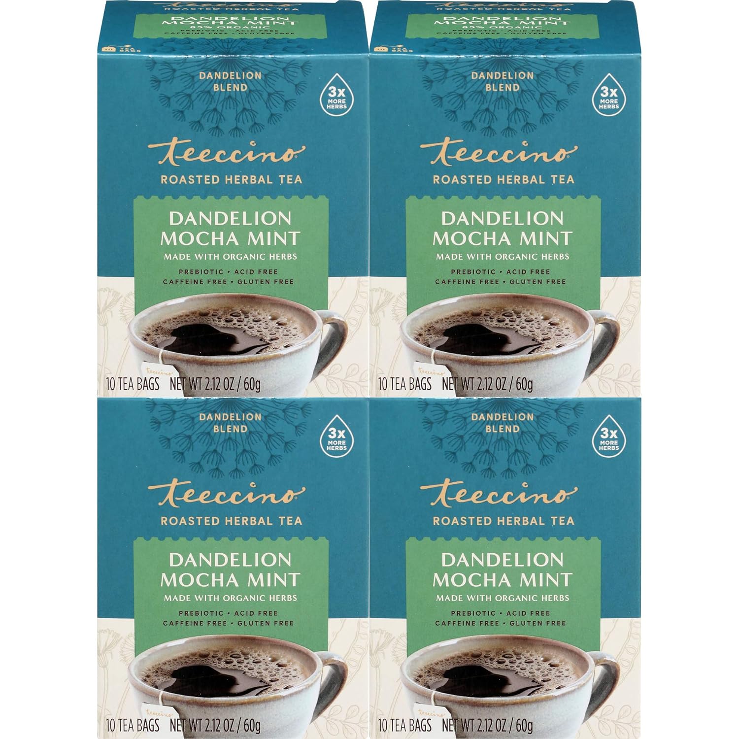 Teeccino Dandelion Mocha Mint Tea - Caffeine Free, Roasted Herbal Tea With Prebiotics, 3X More Herbs Than Regular Tea Bags, Gluten Free - 10 Tea Bags (Pack Of 4)