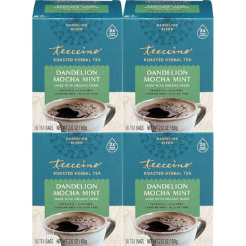 Teeccino Dandelion Mocha Mint Tea - Caffeine Free, Roasted Herbal Tea With Prebiotics, 3X More Herbs Than Regular Tea Bags, Gluten Free - 10 Tea Bags (Pack Of 4)