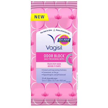 Vagisil Odor Block Daily Freshening Wipes For Feminine Hygiene In Resealable Pouch, Gynecologist Tested & Hypoallergenic, 20 Wipes (Pack Of 1)