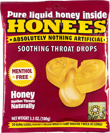 Honees Honey Filled Cough Drops - 20-Piece Single Pack Menthol-Free Lozenges | Temporary Relief from Cough | Soothes Sore Throat | All Natural