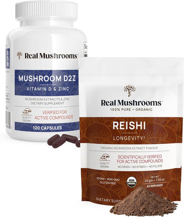 Real Mushrooms Vitamin D2, Zinc (120Ct) And Reishi Organic Powder (45 Servings) Bundle With Chaga - Natural Support For Immunity, Better Sleep, And Relaxation - Vegan, Gluten Free, Non-Gmo