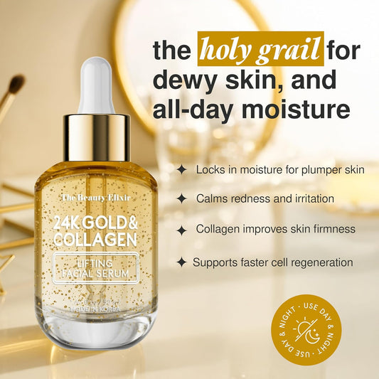 Beauty Elixir 24K Gold & Collagen Face Serum - Lightweight, Wrinkle Free And Deeply Moisturising Treatment; Clean And Cruelty Free Korean Skin Care For All Skin Types; Tested