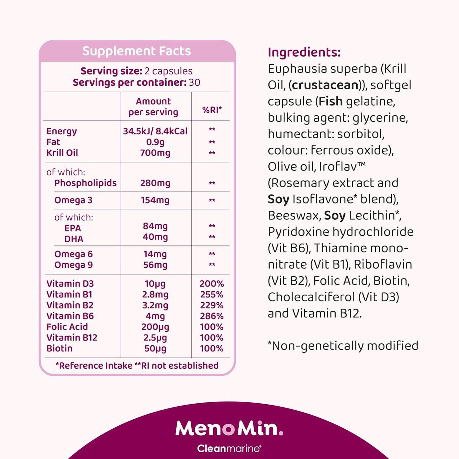 Cleanmarine Menomin - Menopause Support - Highly Absorbable Omega 3 with Soy Isoflavones - Vitamins B1, B2, B6, B12, Folic Acid, Biotin and D3-30 Servings - 120 Capsules - Multipack : Amazon.co.uk: Health & Personal Care