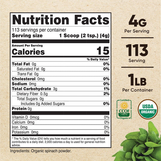 Nutricost Organic Spinach Powder 1LB - Pure, Gluten Free, Non-GMO, Certified Organic