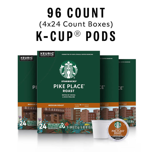 Starbucks K-Cup Coffee Pods, Medium Roast Coffee, Pike Place Roast For Keurig Brewers, 100% Arabica, 4 Boxes (96 Pods Total)