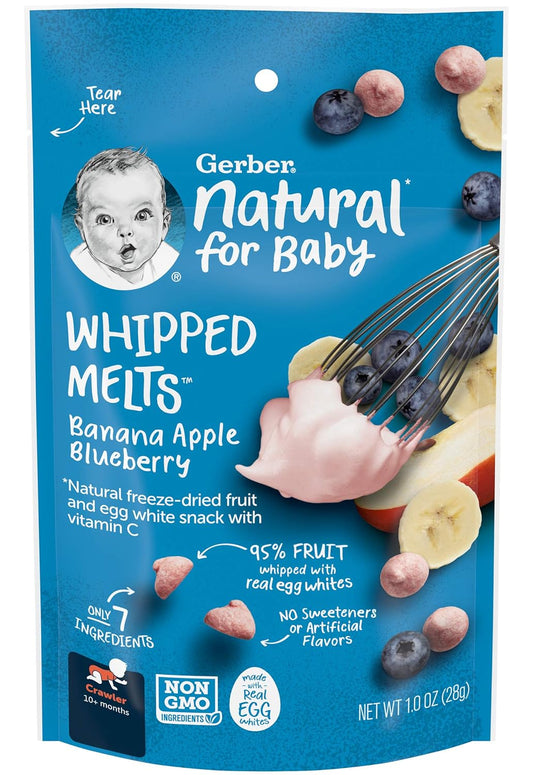 Gerber Natural for Baby Whipped Melts Baby Snack, Banana Apple Blueberry, Natural Freeze-Dried Fruit & Egg White Snack with Vitamin C, 1.0 OZ Resealable Pouch (Pack of 3)