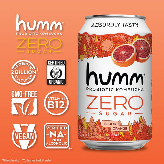 Humm Probiotic Kombucha Zero Sugar Blood Orange, No Refrigeration Needed, Keto Friendly, Organic, Vegan, Gluten Free, 12Oz Cans (16 Pack)