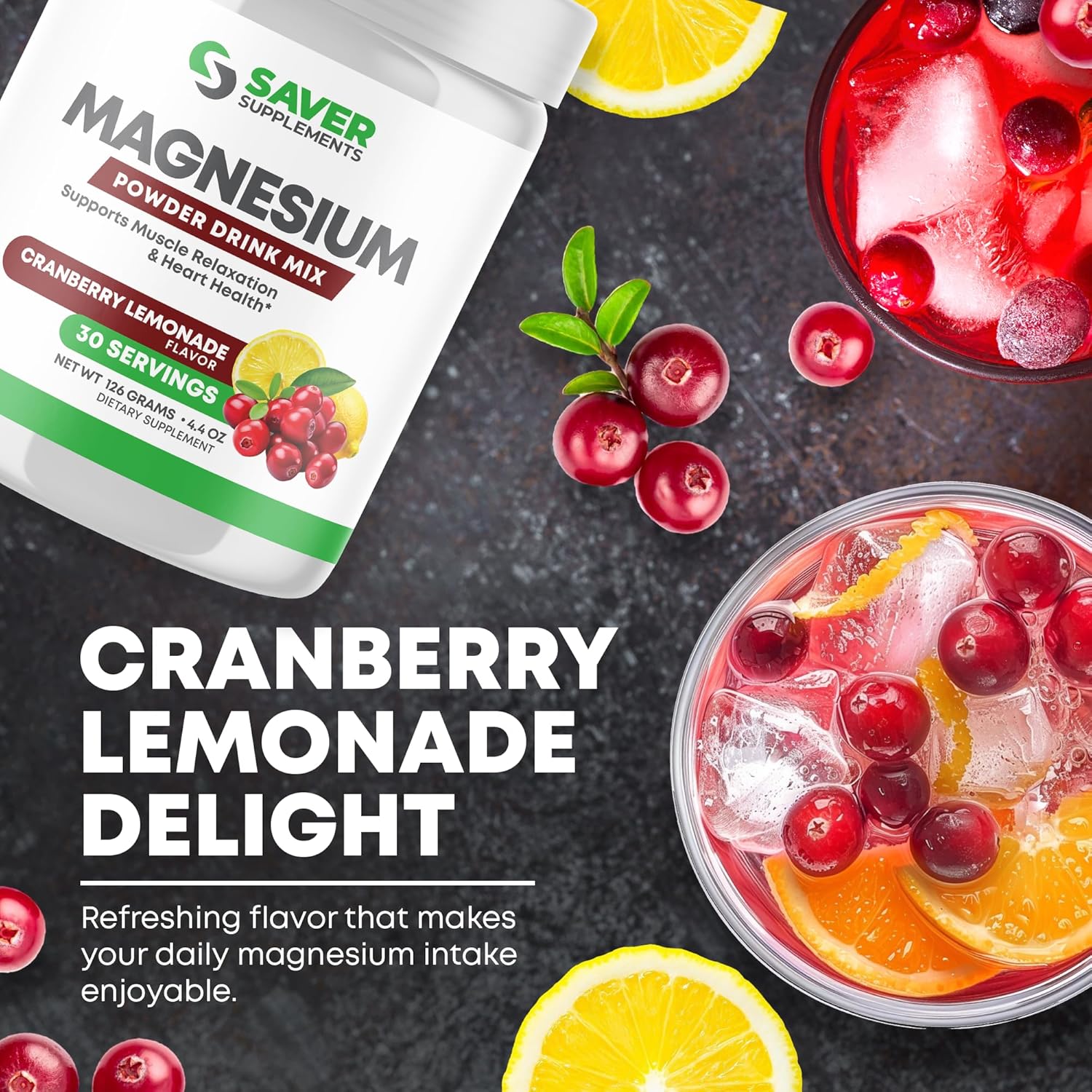 Saver Supplements Magnesium Powder - Anti-Stress Drink Mix For Calm & Regularity - Magnesium Citrate Supplement - Relaxation, Muscle & Heart Support - Cranberry Lemonade Flavor - 30 Servings : Health & Household
