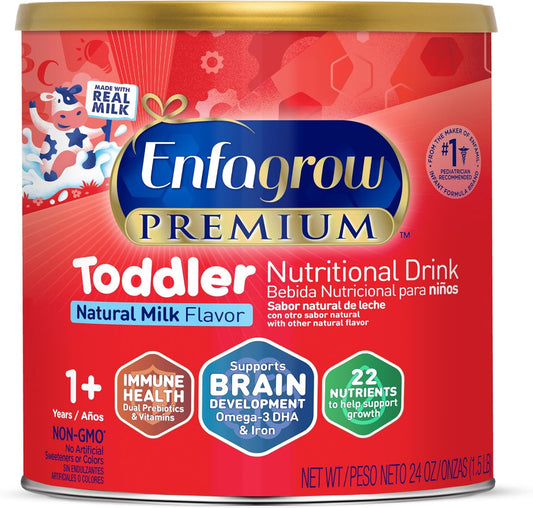 Enfagrow PREMIUM Toddler Nutritional Drink, Made with Real Milk, Brain-Building Omega-3 DHA, Nutrients and Prebiotics for Growth & Immune Support, Non-GMO, Toddler Milk Powder, 24 Oz Can