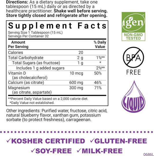 Bluebonnet Nutrition Liquid Calcium Citrate Magnesium Citrate, Vitamin D3, Bone Health, Gluten Free, Soy Free, Milk Free, Kosher,32 Servings, Blueberry Flavor, 16 Fl Oz (Pack Of 1)