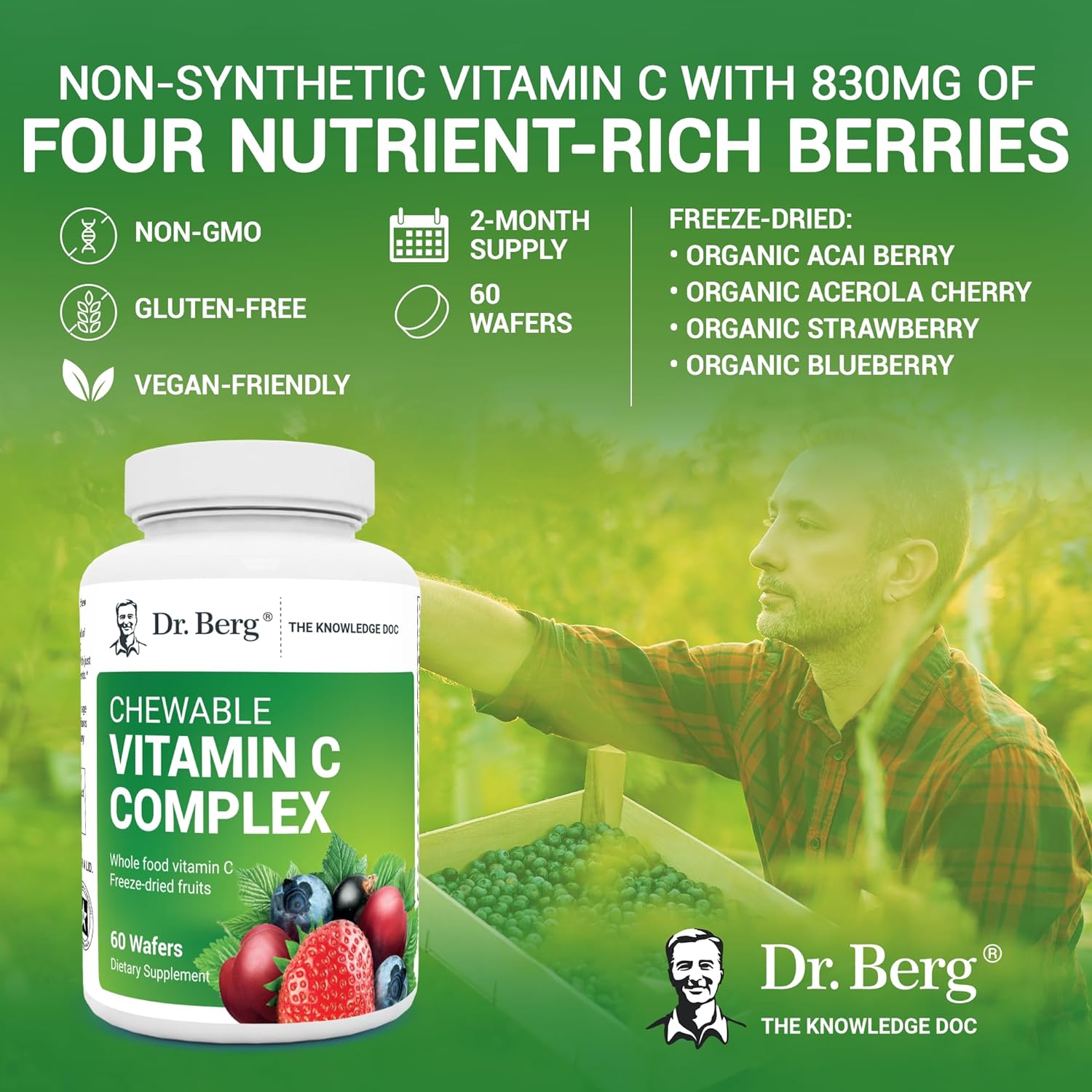 Dr. Berg's Vitamin C Complex Whole Food (60 Chewable) 100% Natural Vitamin C from Just 4 Berries, Non-GMO : Health & Household