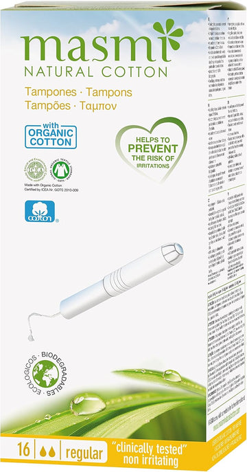 16 Masmi Regular Applicator Tampons Organic Cotton Certified, Hypoallergenic, 100% Biodegradable, Perfume, Viscose, Rayon, Chlorine and Dioxin Free