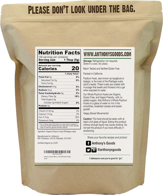 Anthony'S Organic Whole Psyllium Husks, 1.5 Lb, Dietary Fiber, Gluten Free, Non Gmo, Keto Friendly