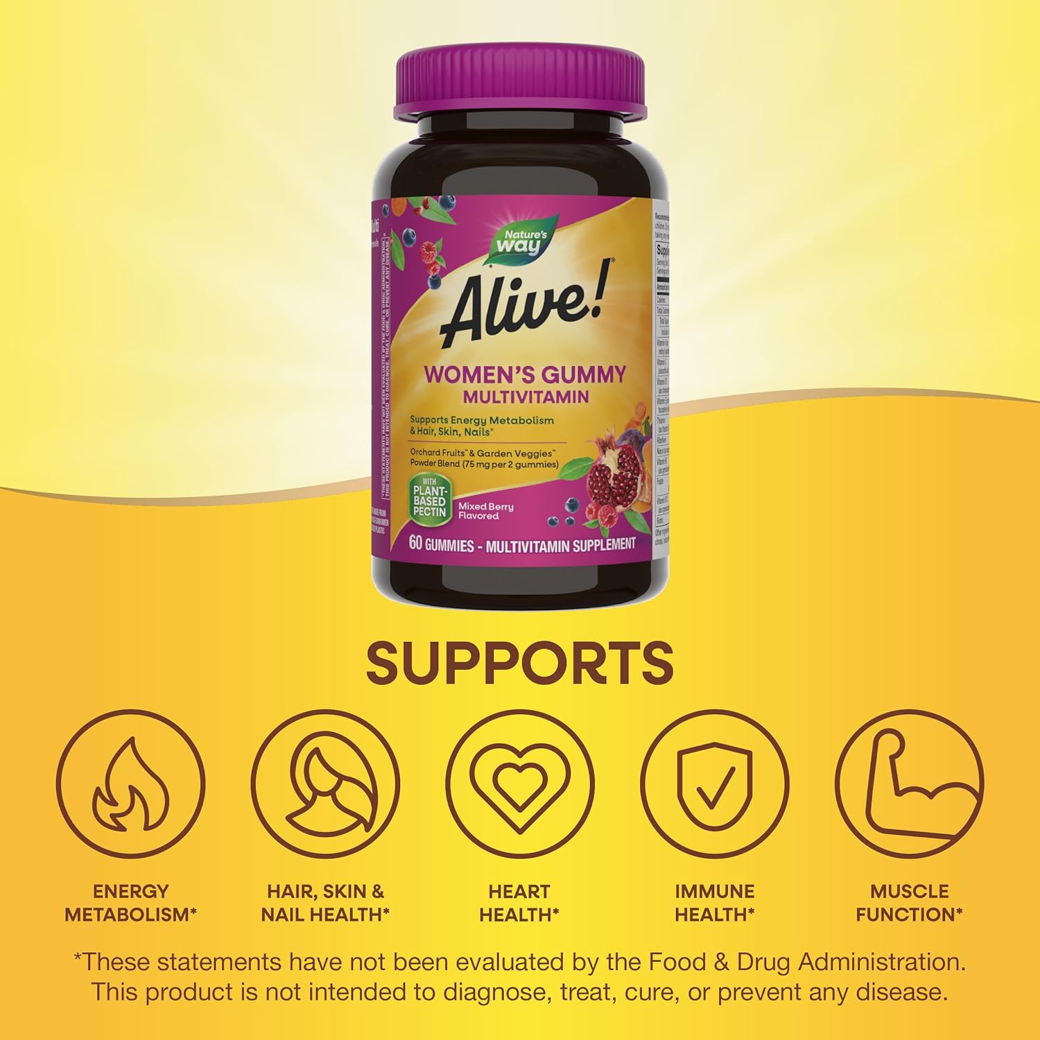 Nature's Way Alive! Women’s Gummy Multivitamin, 16 Vitamins & Minerals, Energy Metabolism*, Hair Skin & Nails*, Vegetarian, Mixed Berry Flavored, 60 Gummies : Health & Household