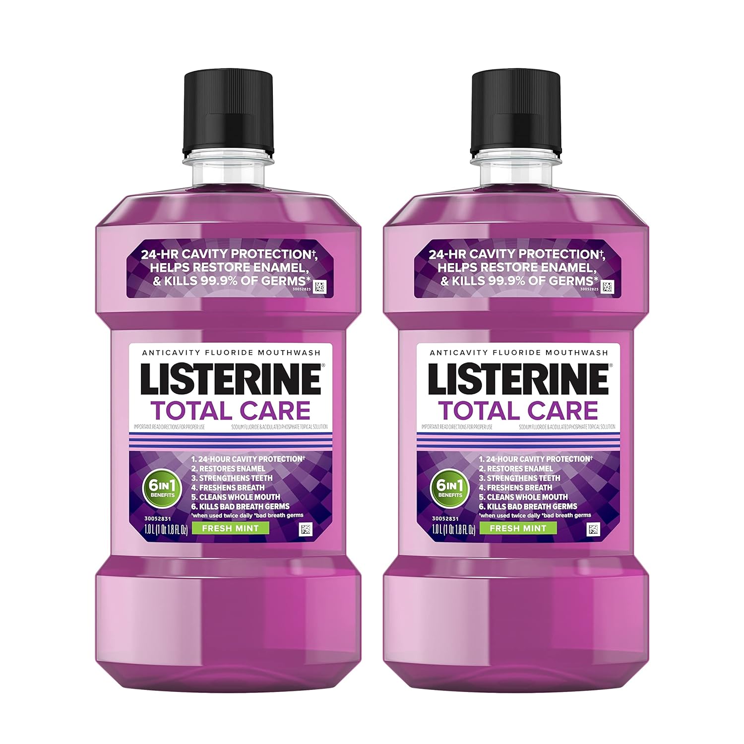 Listerine Total Care Anticavity Fluoride Mouthwash, Kills 99.9% Of Germs That Cause Bad Breath And Prevents Cavities, Fresh Mint Flavor, 1L (Pack Of 2)