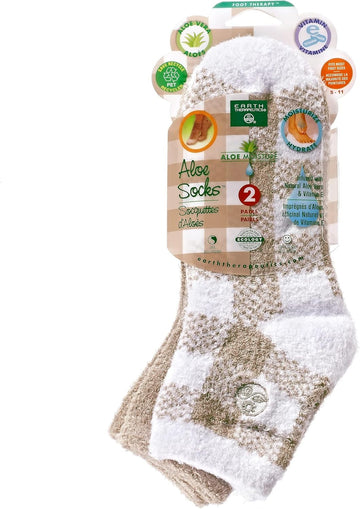 Earth Therapeutics Aloe Vera Socks – Infused With Natural Aloe Vera & Vitamin E – Helps Dry Feet, Cracked Heels, Calluses, Dead Skin – Use With Your Favorite Lotions – Tan Plaid (2 Pairs)