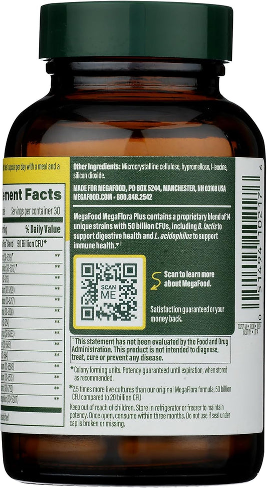 Megafood Megaflora Probiotic Plus - Probiotics For Women And Men - 50 Billion Cfus & 14 Strains - Probiotics For Digestive Health & Immune Support - Vegan - Made Without 9 Food Allergens - 30 Caps