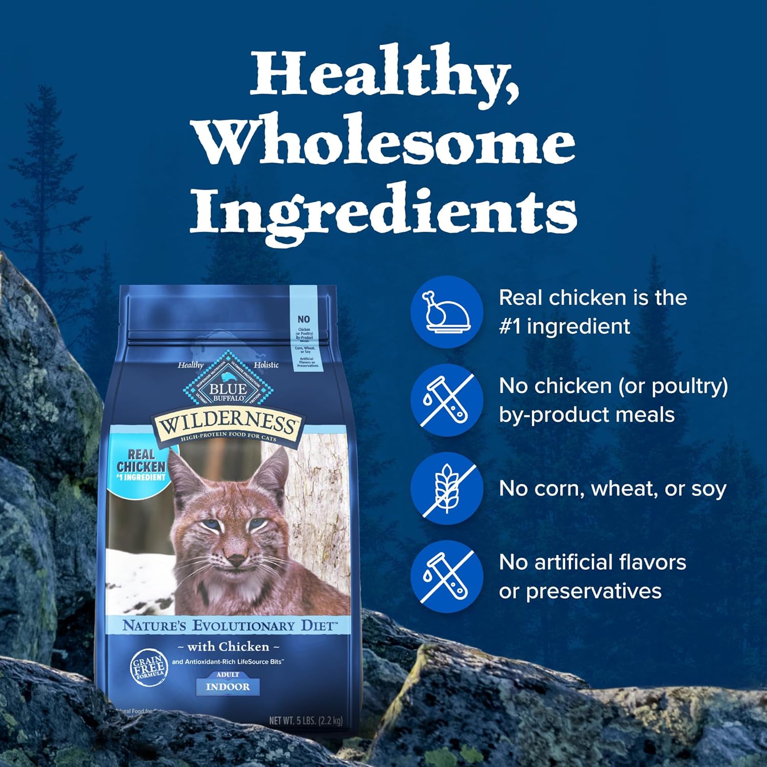 Blue Buffalo Wilderness Natural Adult Dry Cat Food Indoor Cats, High-Protein & Grain-Free, Chicken, 5-lb. Bag