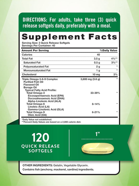 Nature'S Truth Omega 3-6-9 Softgels | 3600Mg | 120 Count | Fish, Flax, & Borage Oil | Triple Strength | Non-Gmo & Gluten Free Supplement