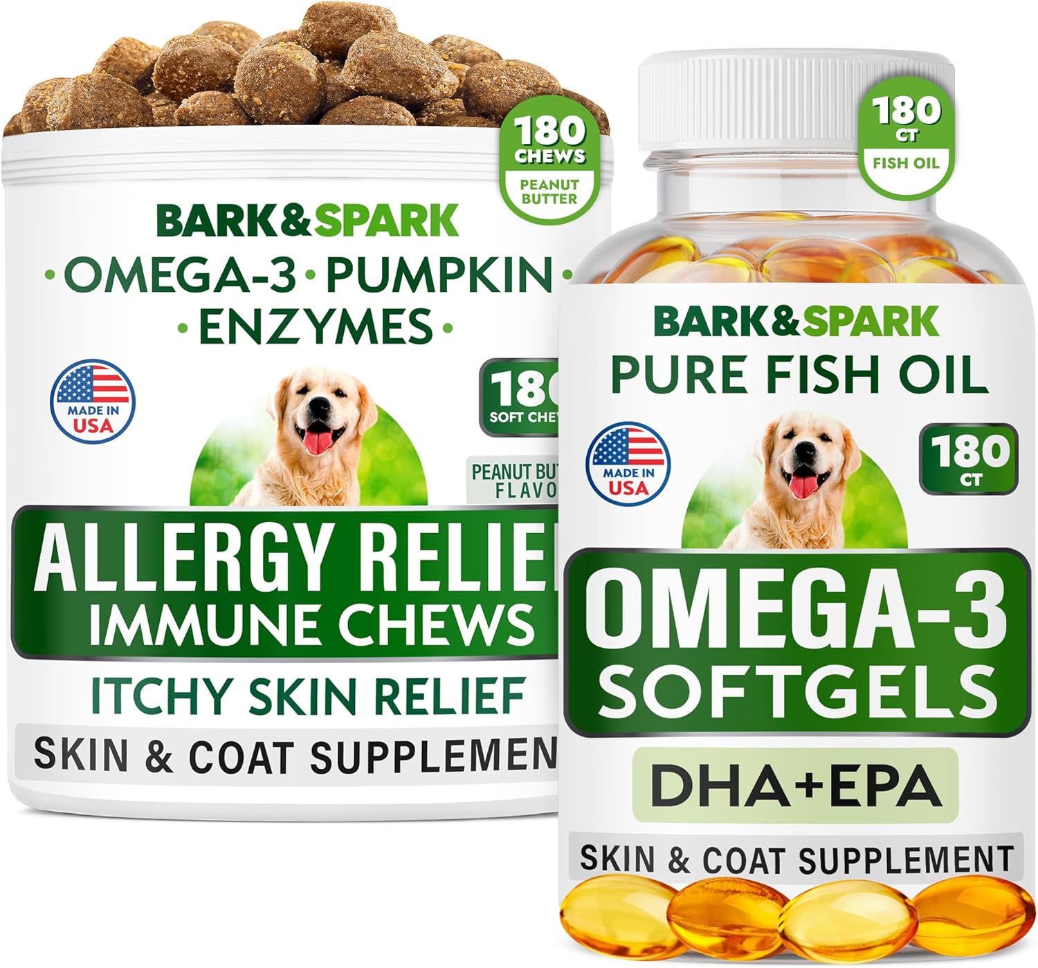 Allergy Relief + Omega 3 Bundle - Anti-Itch Skin&Coat Supplement + Skin Allergy - Omega 3 Fish Oil + Epa& Dha Fatty Acids - Itching&Paw Licking + Joint Health - 180 Chews + 180 Softgels - Made In Usa