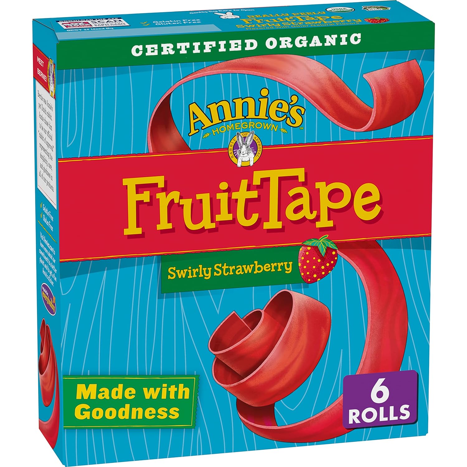 Annie'S Organic Fruit Tape, Swirly Strawberry, Non-Gmo And Organic Fruit Flavored Snacks, 6 Rolls, 4.5 Oz