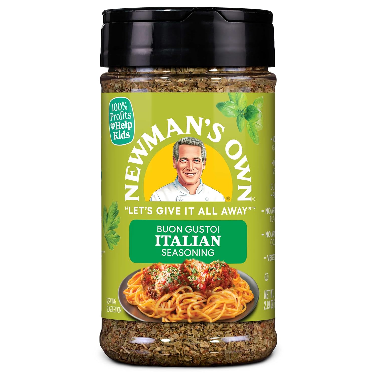 Newman'S Own Buon Gusto! Italian Seasoning; Perfect Spices For Cooking Italian Bread, Pizza, Salads And Chicken, No Msg, Gluten Free, Non-Gmo, Kosher; 2.19 Oz. Bottle