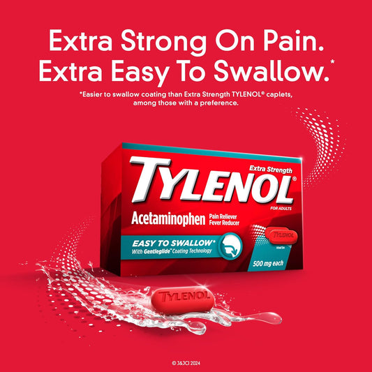 Tylenol Extra Strength Easy to Swallow Acetaminophen, Pain Reliever & Fever Reducer Coated Caplets for Adults with Gentleglide Technology, 500 mg Extra Strength Acetaminophen, 50 ct