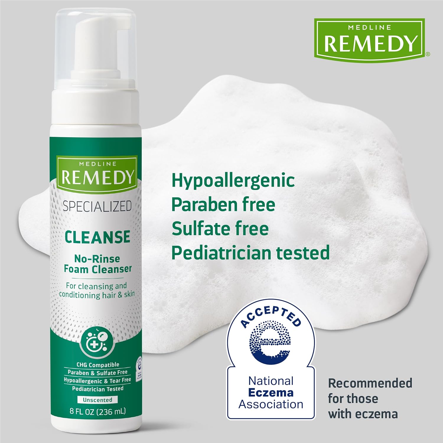 Medline Remedy Specialized No-Rinse Foam Cleanser (8 oz), Unscented, Moisturizing Body Wash, Incontinence Care, Skin Nourishing, For Hair and Dry Skin, Gentle, Eczema Seal, Sulfate-Free : Beauty & Personal Care
