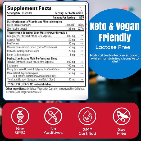 Testosterone Booster For Men - Lactose Free Natural Male Enhancement Supplement With Tongkat Ali, Dhea & Tribulus Terrestris - Keto Friendly And Vegan Pills For Energy, Mood, & Muscle - 90 Capsules