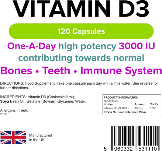 Lindens Vitamin D3 3000Iu - 120 Capsules - High-Potency - 1500% Nrv - Contributes To Normal Bones, Teeth & Immune System - 4 Months Supply - Gmp & Letterbox Friendly - Uk Made