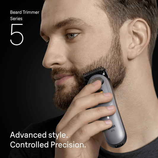 Braun Beard Trimmer Series 5, +5 Styling Tools, Ultra Sharp Blade, 120 Min Runtime, 40 Lengths, Waterproof, Precisionwheel & Lock, Bt5525, Grey