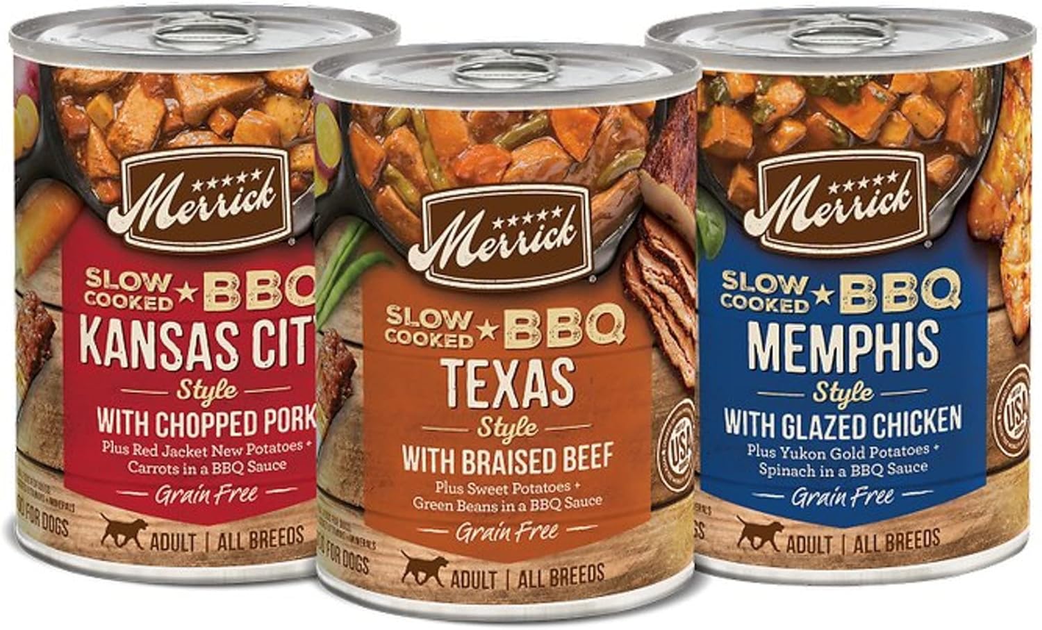 Merrick Slow-Cooked Bbq Premium Real Meat Canned Wet Dog Food Variety Pack, Beef, Chicken And Pork Recipes - (Pack Of 1) 9.5 Lb. Cans