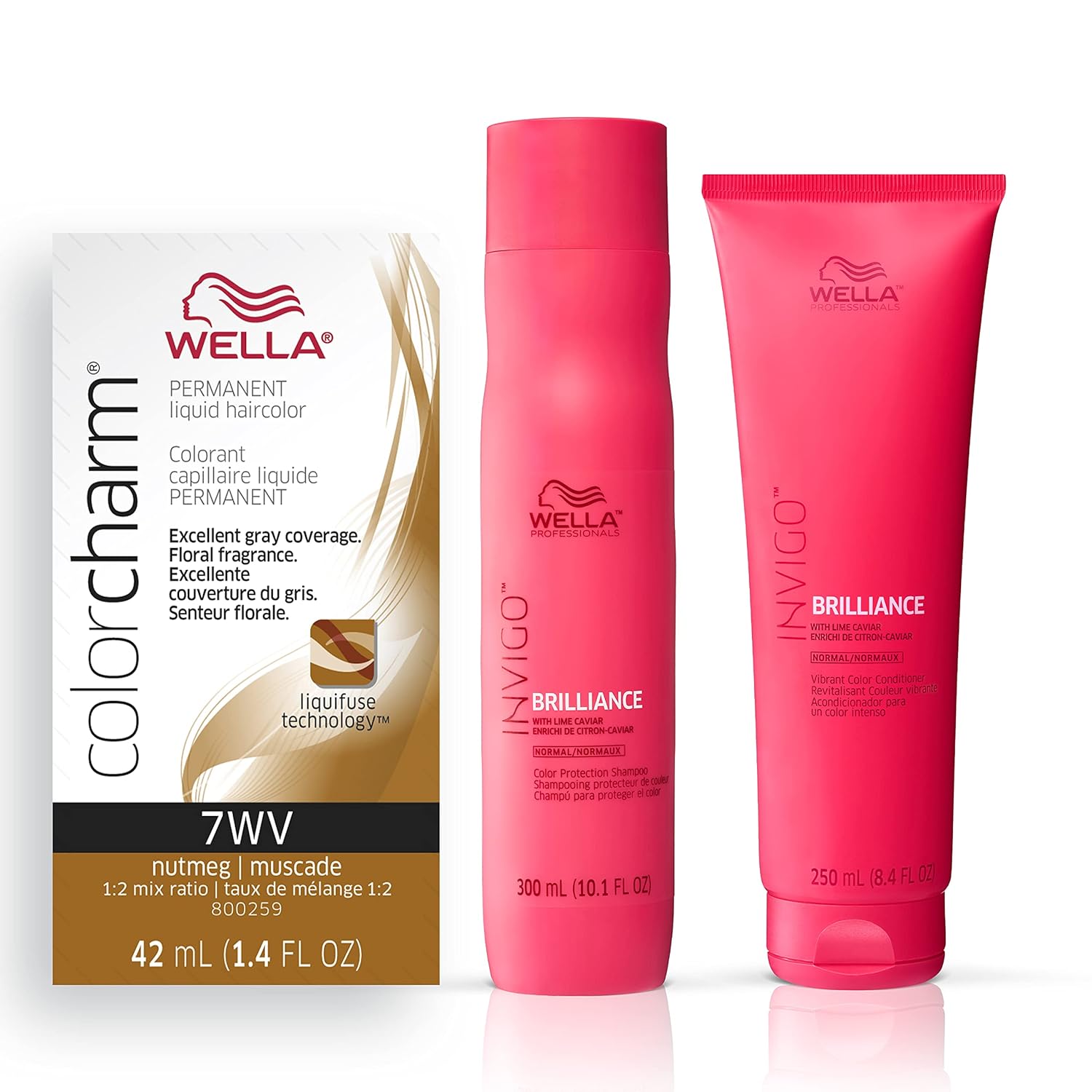 Wella Professionals Invigo Brilliance Color Protection Shampoo & Conditioner, For Fine Hair + Wella Colorcharm Permanent Liquid Hair Color, 007Wv Nutmeg