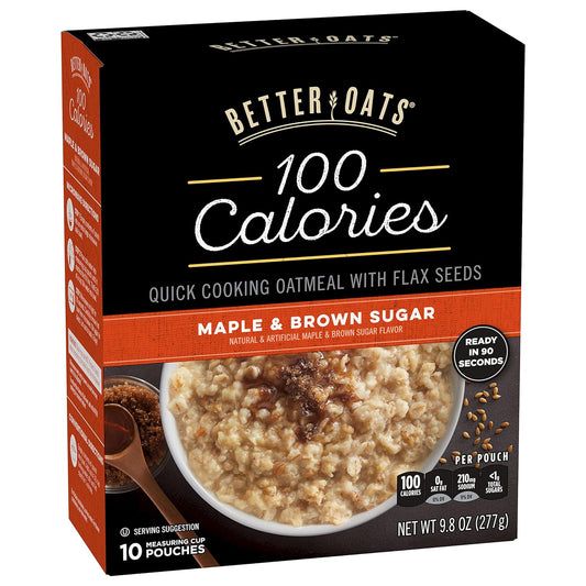 Better Oats 100 Calorie Maple and Brown Sugar Oatmeal Packets, 100 Calorie Oatmeal Pouches, 90 Second Instant Oatmeal with Flax Seeds and Rolled Oats, 9.8 OZ Pack