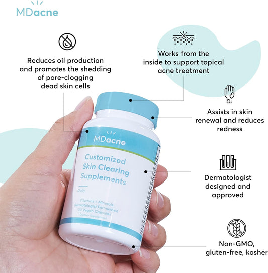 Mdacne Vitamins And Minerals Skin Clearing Supplements - 30 Vegan Capsules - Supports Topical Acne Treatment & Reduce Skin Inflammation, Redness & Pore-Clogging - Dermatologist Formulated