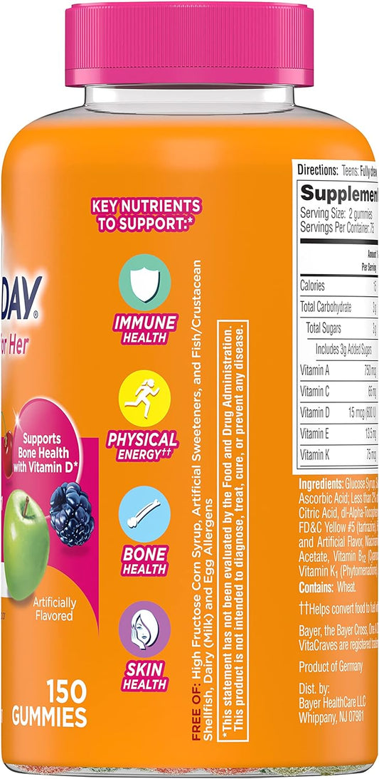 One A Day Teen For Her Multivitamin Gummies, Gummy Multivitamins With Vitamin A, C, D, E And Zinc For Immune Health Support, Physical Energy & More, 150 Count