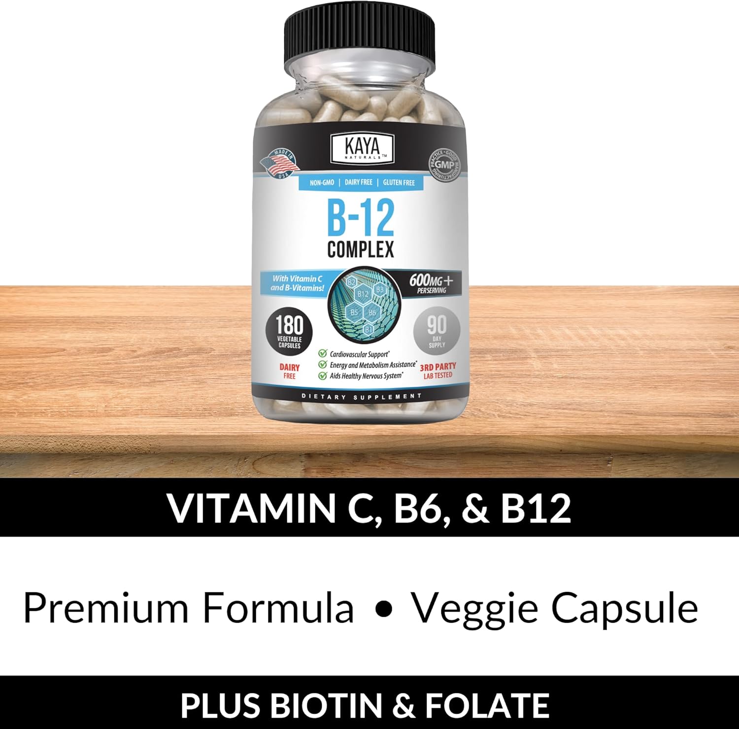 Kaya Naturals B-12 Complex | Multivitamin Supplement for Women & Men | Energy and Metabolism Booster | Vitamin Supplement with Biotin, Choline, Inositol, Folate, and Vitamin C – 180 Count : Health & Household