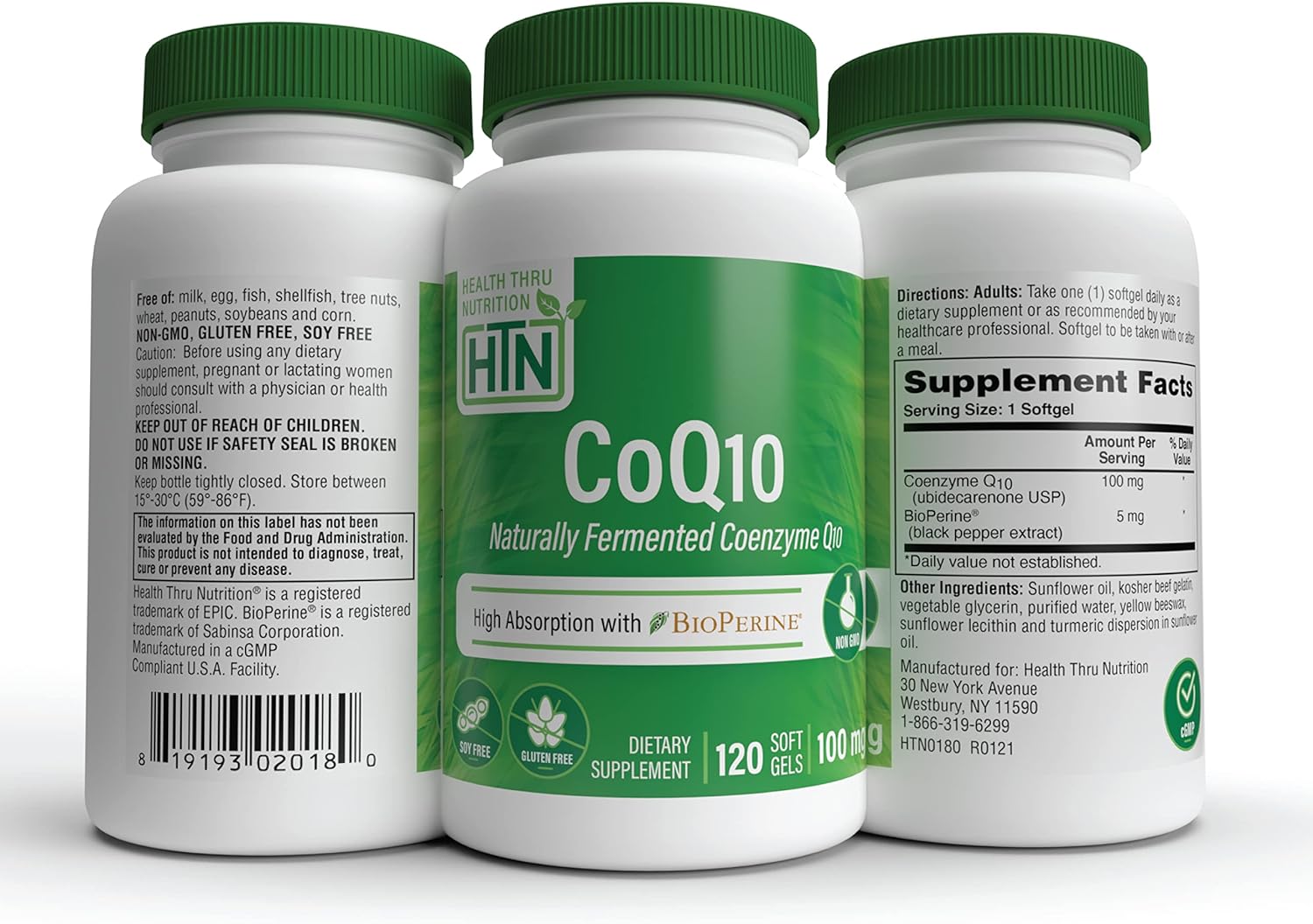 Health Thru Nutrition CoQ-10 100mg with BioPerine 120 Softgels | High Absorption Naturally Fermented USP Grade Coenzyme Q10 | 3rd Party Tested | Heart Health and Energy Support | Non-GMO : Health & Household