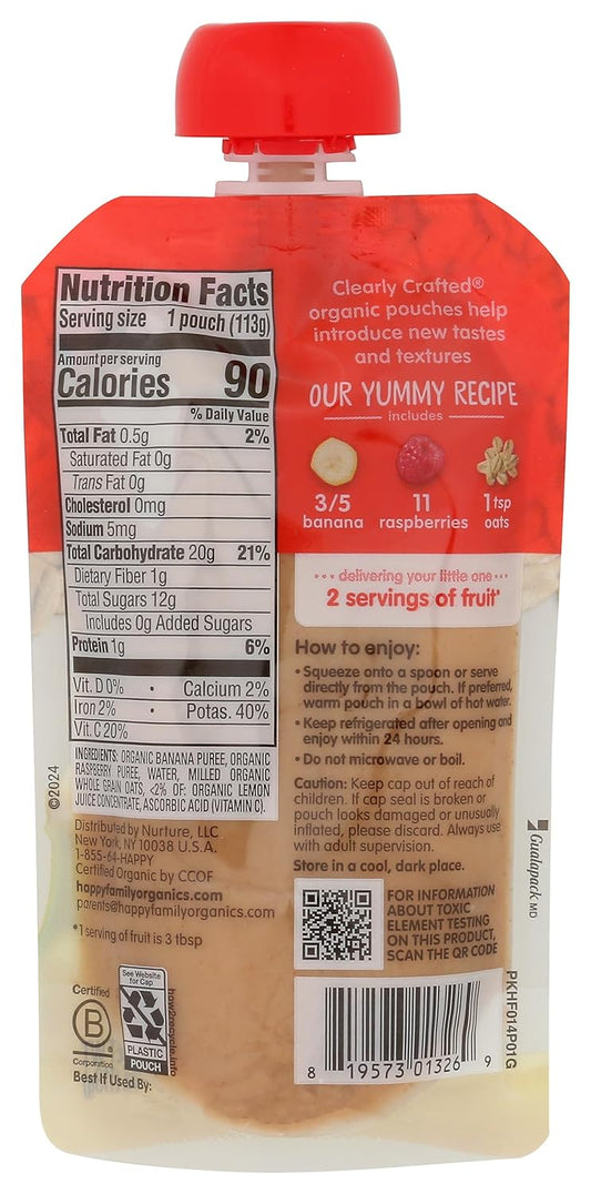 Happy Baby Organics Stage 2 Baby Food Pouches, Gluten Free, Vegan & Healthy Snack, Clearly Crafted Fruit & Veggie Puree, Bananas, Raspberries & Oats, 4 Ounces (Pack Of 1)