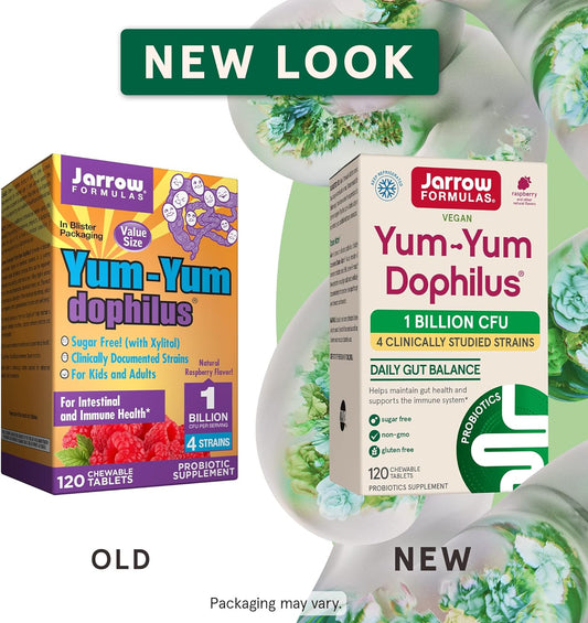 Jarrow Formulas Yum-Yum Dophilus, Natural Raspberry Flavor Probiotics Supplement - 60 Chewable Tablets - Intestinal & Immune Health - for Kids & Adults (Packaging May Vary), Pack of 12