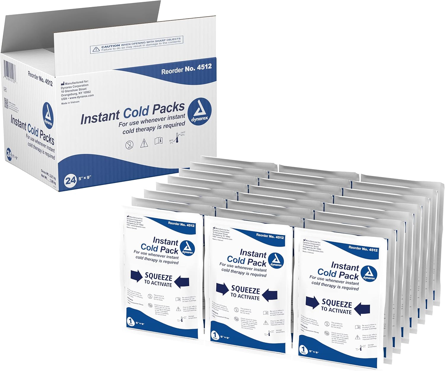 Dyranex Disposable Ice Packs For Injuries - Instant Cold Packs For First Aid, Swelling, Sprains & Abrasions - Single Use Cold Pack & Cold Compress Packs For Joint & Muscle Pain - 24-Pack, 5X9-Inch