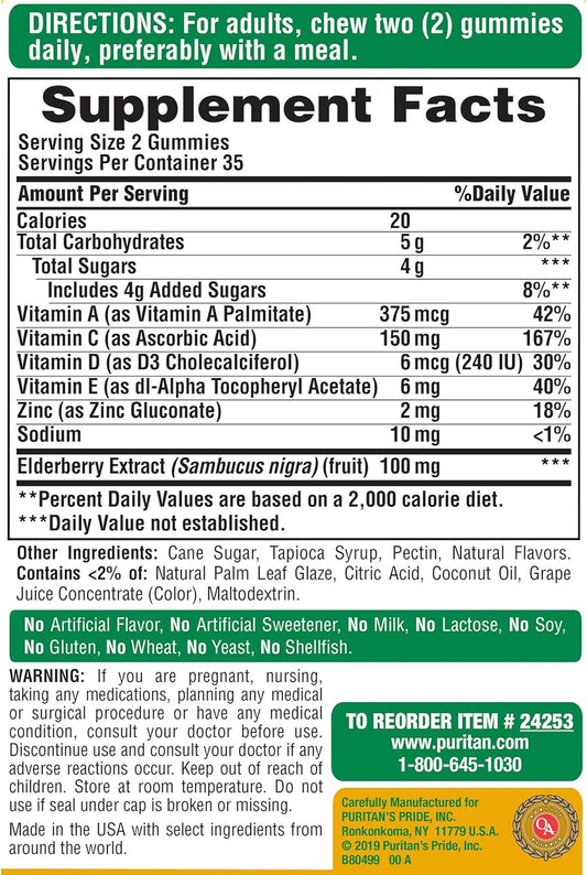 Puritan's Pride Elderberry Gummy with Vitamin C, D & Zinc, Supports The Immune System, 70 ct