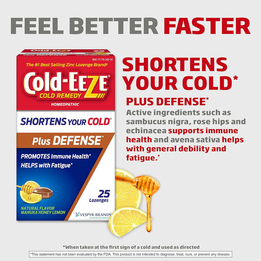 Cold-Eeze Plus Defense Natural Manuka Honey Lemon Zinc Lozenges, Homeopathic Cold Remedy, Shortens Common Cold Symptoms, Promotes Immune Health, Sambucus Nigra, Echinacea And Rose Hips, 25 Ct