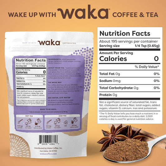 Waka Traditional Masala Instant Chai Tea - 100% Tea Leaves From India, Natural Spices, Unsweetened Tea Powder - No Sugar, No Additives, Up To 195 Cups (4.5Oz)