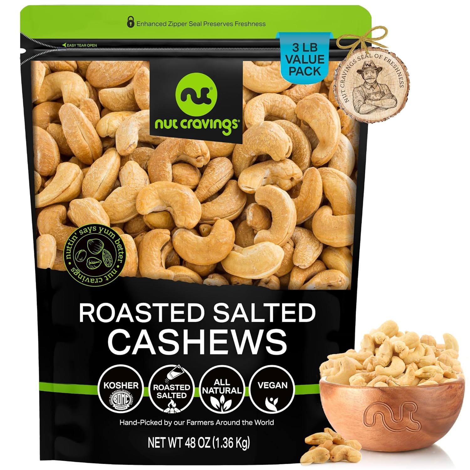 Nut Cravings - Roasted Cashews Slightly Salted - Jumbo, Whole (48oz - 3 LB) Packed Fresh in Resealable Bag - Nut Snack - Healthy Protein Food, All Natural, Keto Friendly, Vegan, Kosher
